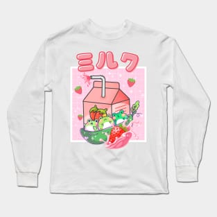 Vaporwave Frogs Strawberry Milk Cottagecore Long Sleeve T-Shirt